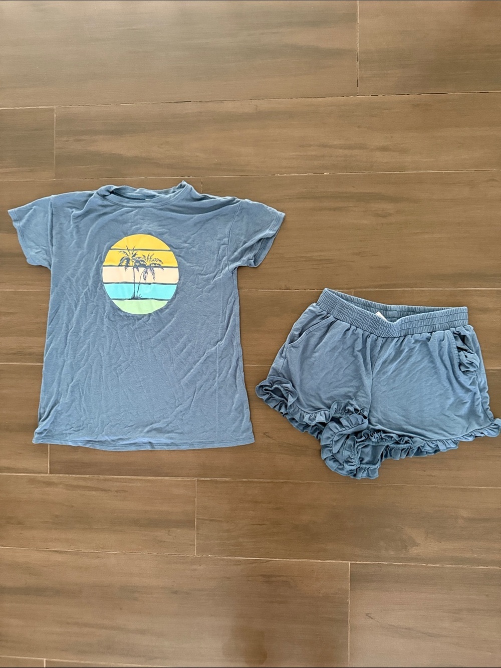 Nordstrom Blue Girls' Short-Sleeve T and Shorts Set with Sunset Palm Graphic